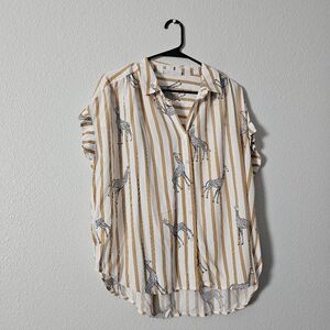Striped Giraffe Print Button-Up Blouse - White & Mustard Sz L